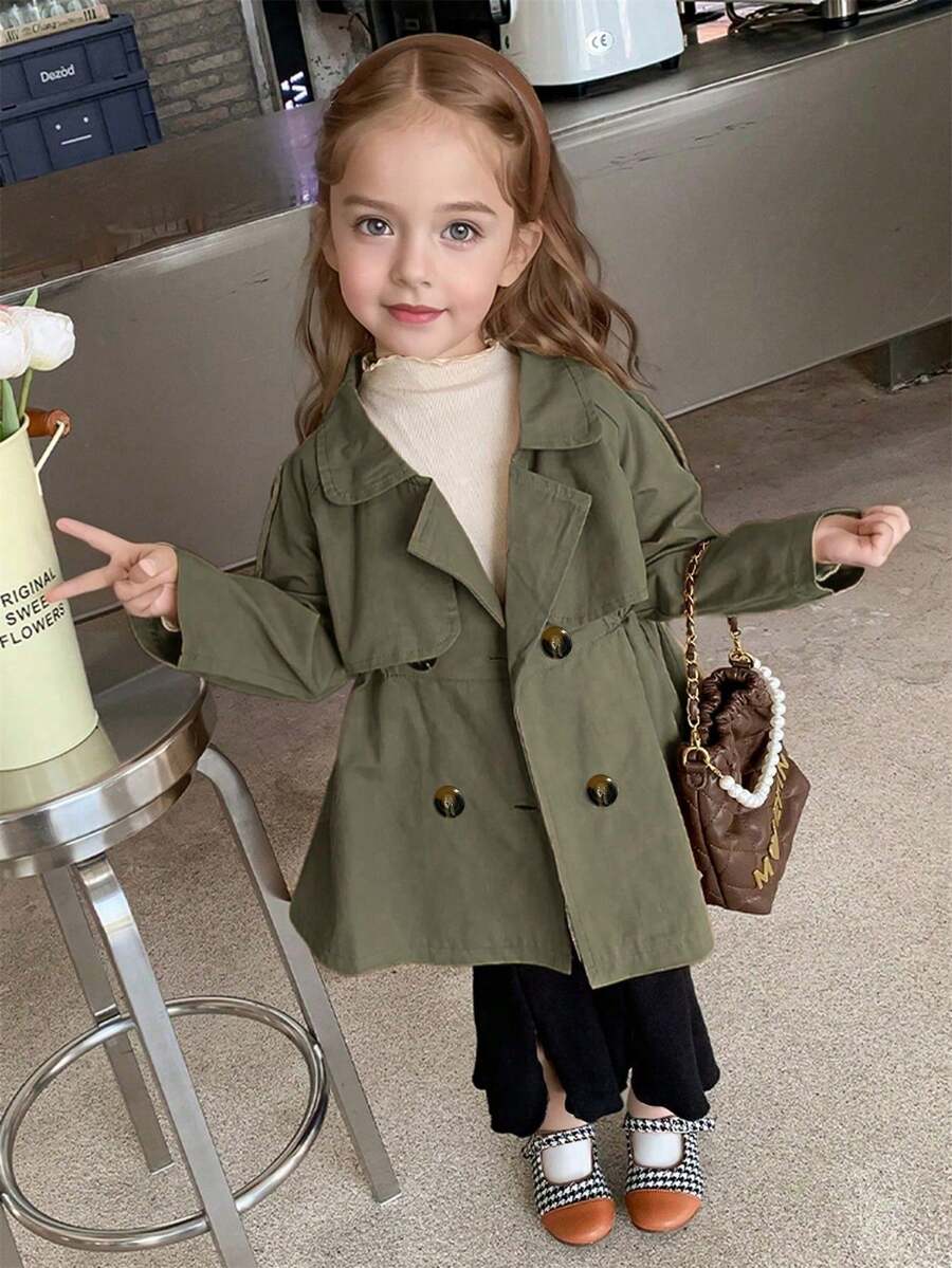 Girls' Double-Breasted Trench Coat, British Style Mid-Length Windbreaker, Versatile Children Outerwear, Spring Autumn Winter
