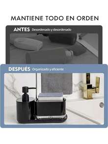 Bebeay Dispensador De Jabon Cocina, 4 In 1 Dispensador Deón para Trastes con Soporte para Paños y Jabonera, Abs Resistente, Juego De Jaboneras Organizador para Cocina, Baño y Fregadero (Nergo) - nervio - Ver 4