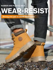 男女舒适工作鞋，防砸、防刺、耐磨，钢头设计，黑/黄配色，高帮抗压工作鞋，适用于建筑、园艺等行业，安全防护，男女通用。