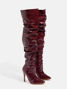 Fall/Winter Square Toe Chunky Heeled Classic Boots, White Elegant Solid Classic Boots,Perfect With Hoodies/Sweaters,Perfect With Hoodies,Sexy,Women Boots,Fashionable Women's Long Boots, Pleated Long Boots, Pleated Leather Boots, Pleated Pointed Over-The-Knee Boots, Pointed Long Boots, Millennial Style Women's Leather Boots, Y2K Women's Party Boots, Halloween, Christmas, Autumn And Winter Long Boots, Plus Size Women's Boots,Women's Stiletto Heel Over-The-Knee Pleated Boots. Women's Knee-High Boots, Women's Over-The-Knee Boots - 酒紅色 - 查看 3