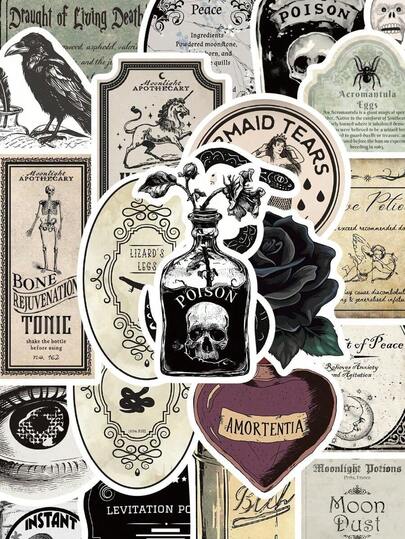 50pcs Gothic Apothecary Vintage Magic Potion Sticker Labels For Notebook, Luggage, Cup Decoration Back To School