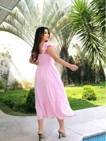 Vestido Midi Feminino Alça Babado Elegante Moda Verão Casual Festa Praia