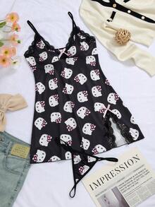 Sanrio [WONDER WORLD]1pc Hello Kitty Valentine's Day Women's Deep V-Neck Contrast Lace Slit Nightgown + G-String - Black - View 7