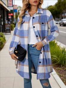 Women's Autumn/Winter Long Sleeve Casual Plaid Thermal Lining Pocket Shirt, Long Sleeve Tops Fall Cloth For Women - Blue and White - View 1