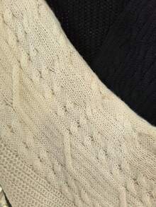 大码女式套头针织毛衣，黑白拼色，时尚百搭优雅V领粗针织大码长袖毛衣 - 黑與白 - 查看 3