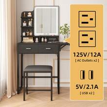 Tomnk Makeup Vanity Desk With Mirror And Lights, Small Vanity With Fabric Storage Drawer & Chair & Shelves, White Vanity With Fold-Up Panel And Power Outlet For Bedroom, Bedroom Furniture(The Light Strip Is Powered By USB) - 美規B型插(110-127V) - 查看 6