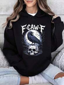 F-Caw-F Crow Gothic Raven Graphic Hoodie - Black Crew Neck Hoodie With White & Gray Bird & Skull Design, Casual Comfortable Long Sleeve For Halloween, Travel, Casual Attire - All-Season, Versatile,Fall Hoodies,Men's Fall Clothes,Street Wear,Halloween,Mens Hoodies,Y2k Clothes,Jesus Hoodie,Thanksgiving Day,Nightmare Before Christmas,Christmas - 黑色 - 查看 1