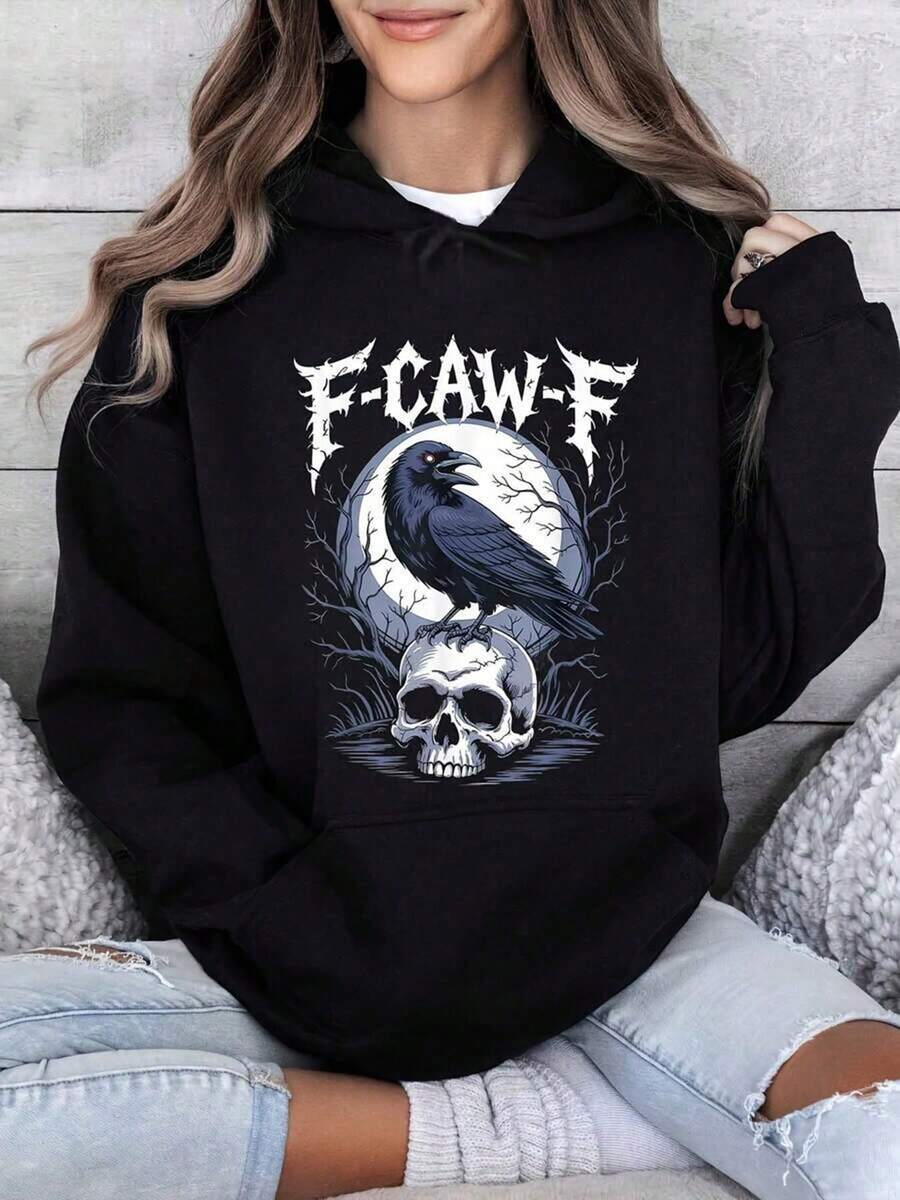 F-Caw-F Crow Gothic Raven Graphic Hoodie - Black Crew Neck Hoodie With White & Gray Bird & Skull Design, Casual Comfortable Long Sleeve For Halloween, Travel, Casual Attire - All-Season, Versatile,Fall Hoodies,Men's Fall Clothes,Street Wear,Halloween,Mens Hoodies,Y2k Clothes,Jesus Hoodie,Thanksgiving Day,Nightmare Before Christmas,Christmas - 黑色 - 查看 1
