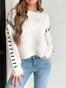 Women's Casual Cute Handmade Stitch Contreast Trim Knitted Sweaters Crew Neck Drop Shoulder Long Sleeve White Fall Winter Going Out