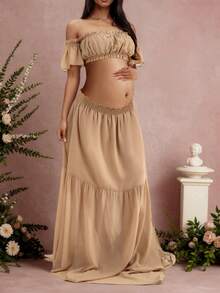 Maternity Solid Color Ruffle Trim Off Shoulder Maxi Dress (YY883) - Khaki - View 6