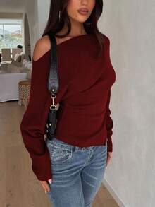 Elegant Fashion Casual Asymmetric Shoulder Knit Sweater, Slim Fit Asymmetrical Hem Pullover For Daily Commute - Red - View 5