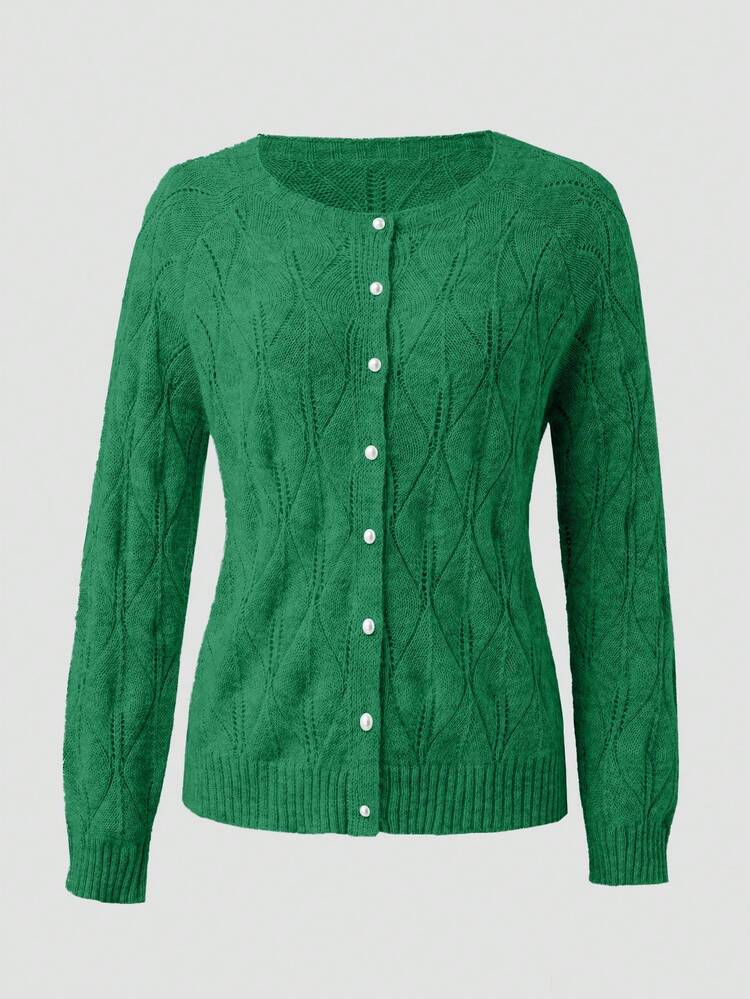 Cárdigan elegante de cuello redondo de manga larga con botones de perlas de unicolor, adecuado para la oficina, fiestas y ocasiones sociales en otoño | Cómodo de llevar (Gris) - Verde Oscuro - Añade 3