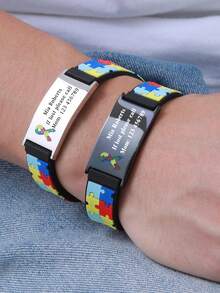 1pc Personalized Laser Engraved Colorful Autism Puzzle Logo Stainless Steel & Silicone Adjustable Bracelet, Autism Awareness Jewelry, Personalized Wrist Bands - Style 3 - View 3