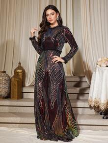 Robe longue élégante pour femmes à col rond, manches longues, sequins, coupe évasée jusqu'aux chevilles avec contrôle du ventre - Noir - Voir 8