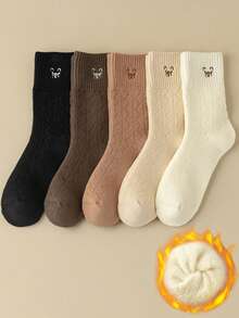 1/5 双女式卡通熊菱形图案保暖内衬舒适休闲中筒袜 - 彩色 - 查看 16