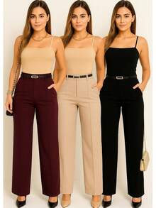 Kit 3 Women's Tailored Trousers With Belt - Black/Wine/Beige - View 3