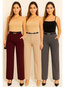 Kit 3 Women's Tailored Trousers With Belt - Xám / Rượu vang / Màu be - Xem 3