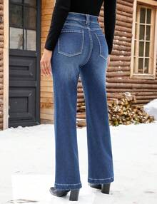 Flare Jeans For Women Thin Fleece Lined High Waisted Wide Leg  Fall Stretchy Denim Pants Trouser Jeanshalloween - 靛藍天藍色 - 查看 3