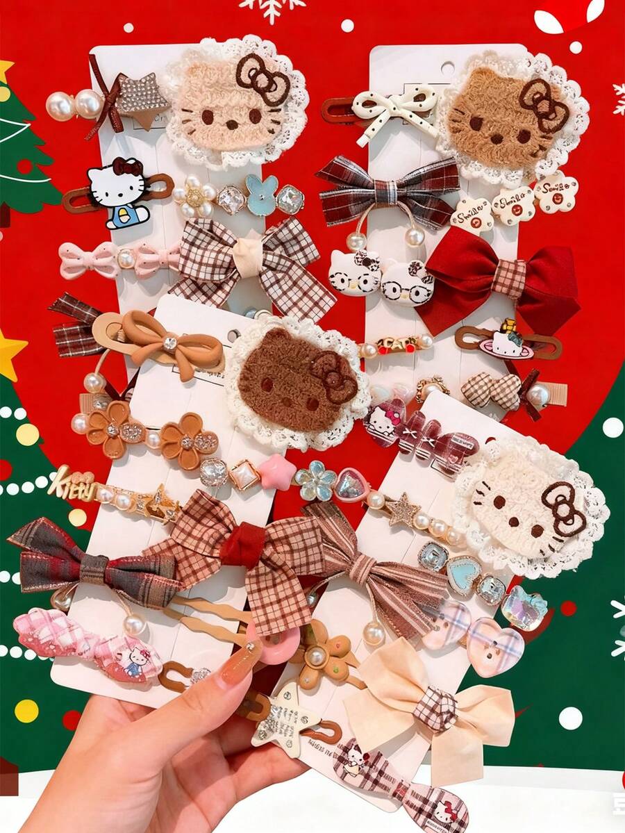 Sanrio 10 piezas de accesorios para niñas de Sanrio, accesorios infantiles, pasadores de cabello para niños, pasadores de cabello para niñas, pasadores de cabello con moño de tela, pasadores de cabello para Hello Kitty, gatos lindos y flequillo lateral