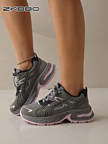 ZKBBO Women's Casual Chunky Sneakers, Thick Sole Comfortable Outdoor Walking Shoes, Round Toe Lace-Up - Grey - View 6