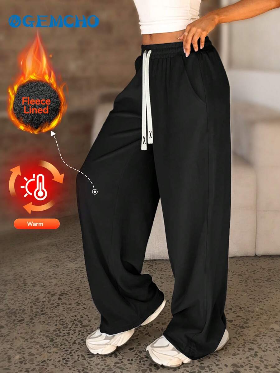 GEMCHO Women's Warm Lined Sports Pants, With Pockets, Knit Fabric, Slightly Elastic, Casual Running Pants, Fitness Wear, Suitable For All Seasons, Ideal For Winter - Black - View 1