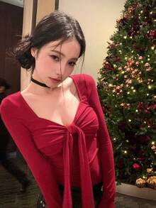 女士红色领结长袖 T 恤，紧身 V 领汗衫，秋冬 - 紅色 - 查看 6