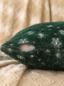 1pc Metallic Silver Snowflake Plush Green Pillow Cover Without Filler - Green - View 8