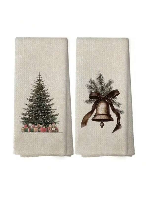 1/2/4PcsExtra Long 15.7X23.6Inch Vintage Christmas Kitchen Towels - Farmhouse Decor Dish Cloths With Beige & Brown Tree And Bell Patterns, Rustic Beige Holiday Tea Towels For Xmas, New Year's, Everyday Use - Machine Washable, Set Of 2 With Festive Pine Tree And Bell Motif, Background With Red Ribbon Bow