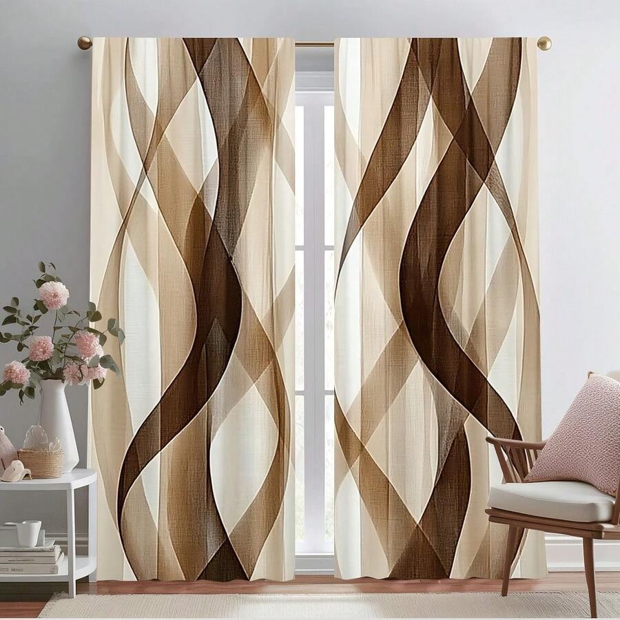 2D Flat, 2-Piece Festive Christmas Decor Window Curtains, Digital Print With Beige & Brown Wave Design, Christmas Window Curtain Gift For Bedroom, Living Room, Office, Night Curtain Suitable For General Festivities And Winter Holiday Parties, Perfect For Living Room, Kitchen, Bedroom, And Holiday Winter Decor, Outdoor Christmas Decorations, Rod Pocket Design, Fade-Resistant, Xmas Artistic Style - 彩色 - 查看 1
