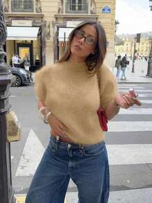 FOR BEAUTY Women's Spring And Autumn New Round Neck Half Sleeve Head Top Women's Commuting Casual Lazy Style Knitted Sweater Loose Daily Versatile Solid Color Sweater New Year