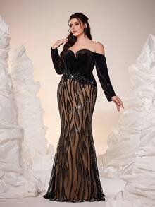 Mgiacy-POP,New Arrival,Off Shoulder,Elegant,Large Size Evening Gown Dress,Asymmetric,Sequin,3D Floral,Sequin Splicing,Package Hip,Mermaid Hem Dress,FOR,Prom Wedding,Party Dress,Wedding Guest Dress,Evening Dress(Non-Positioning) - Black - View 1