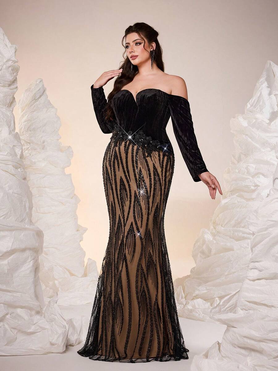 Mgiacy-POP,New Arrival,Off Shoulder,Elegant,Large Size Evening Gown Dress,Asymmetric,Sequin,3D Floral,Sequin Splicing,Package Hip,Mermaid Hem Dress,FOR,Prom Wedding,Party Dress,Wedding Guest Dress,Evening Dress(Non-Positioning) - Black - View 1