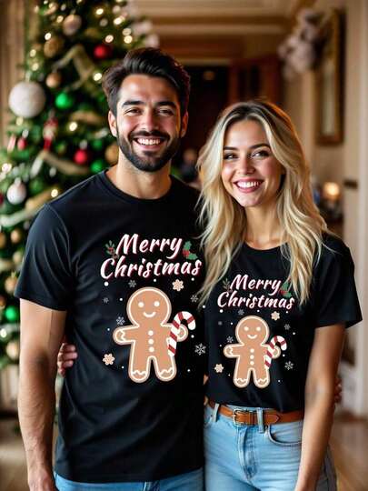 Manfinity Homme Fashionable, Casual, Mature Christmas Graffiti Christmas Tree & Letter Graphic Pattern Standard Size Men's Black Knit Short Sleeve T-Shirt