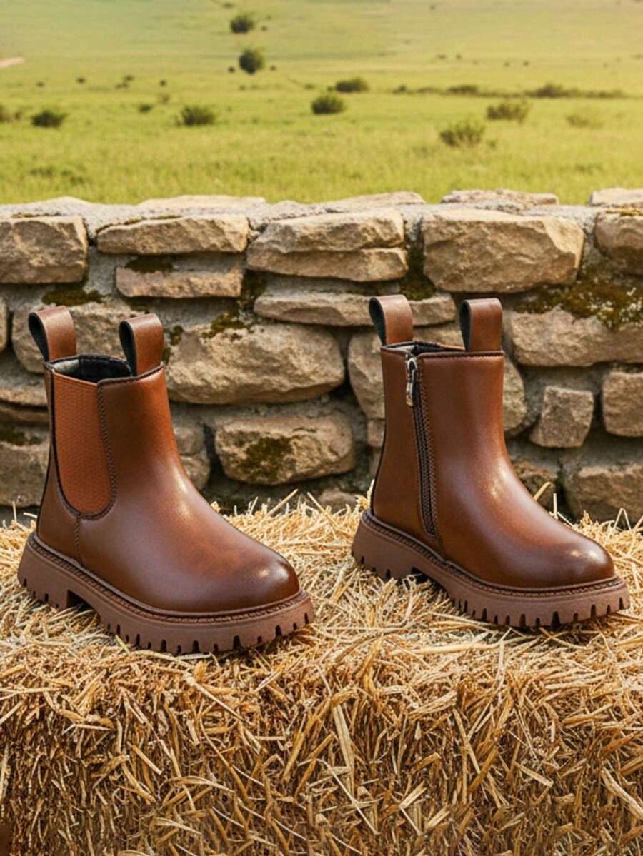 Toddler Kids Leather Chelsea Boots Boys Girls Ankle Boots With Zipper And Elastic Side