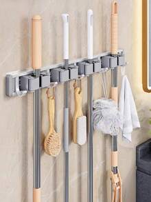 قطعة واحدة 4 مقطع و 5 خطاف الألومنيوم رف ممسحة معلق للحائط حمام مثبت رفوف , الى ممسحة , مكنسة تخزين و شرفة استخدام - رمادي - مشاهدة 3
