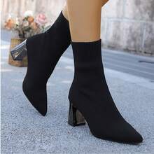 欧美风格弹力针织尖头中筒靴，女款加大码，酒红色，细高跟，秋冬时尚鞋 - 棕色 - 查看 5