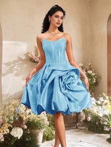 VIPGIRL Elegant Blue Strapless Satin Gown With 3D Floral Applique, Asymmetrical Rose Skirt, Short Formal Dress, Women's Cocktail Dress - Blue - View 6