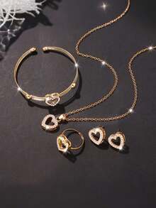 Set de 5 piezas con collar, aretes, pulsera y anillo con incrustaciones de rhinestone, creativos y únicos - Multicolor - Ver 3