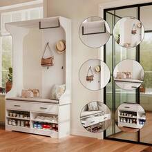 Appendiabiti da ingresso con scarpiera, set appendiabiti da ingresso con specchio, 4 ganci appendiabiti, 1 asta appendiabiti, 2 cassetti, appendiabiti da ingresso (bianco, 104 x 35 x 180 cm)