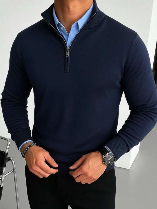 Men's Casual Long Sleeve Half-Zip Pullover Sweater, Versatile For Daily Wear