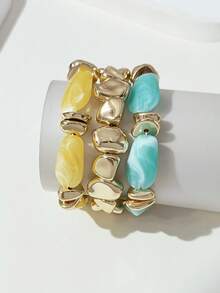 LADYCOCO 3pcs Vintage Thick Chunky Acrylic Beaded Multilayer Bracelet, Transformable Gold Chip Bracelet, Suitable For Women, Couples, Party, Daily Wear - Multicolor 25 - View 5