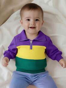 Toddler Baby Boy Carnival Sweatshirt Pullover Long Sleeve Lapel Collar Patchwork Upper Zipper Fall Tops - 紫色 - 查看 5