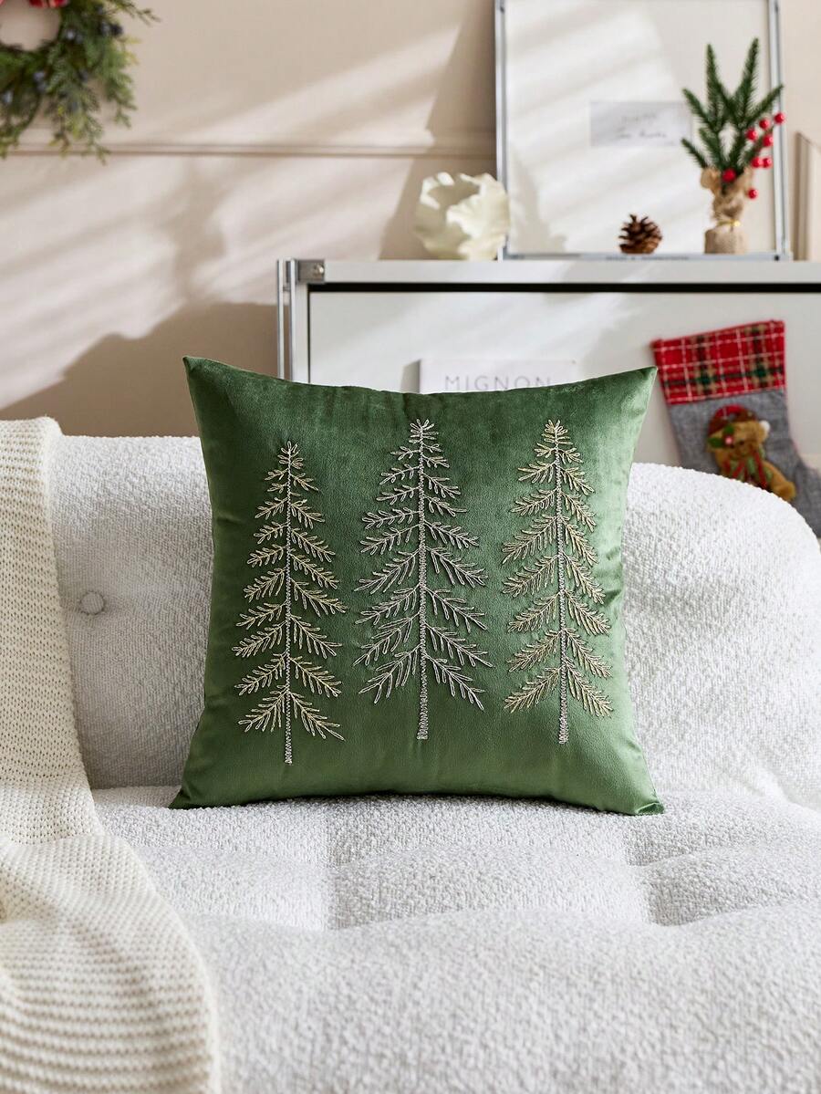 1件裝聖誕綠色聖誕樹刺繡枕套，適合室內裝飾、聖誕裝飾，四季通用，不含枕芯