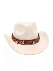 1pc Unisex New Faux Leather Cowboy Hat With Star Beaded Decor, High-Quality Suede Material Wide Brim Hat, Fashion Minimalist European & American Style Western Cowboy Hat, Suitable For Daily Wear, Western Themed Events, Birthday Parties, Music Festivals, Horseback Riding And More Occasions