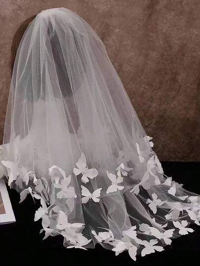 Bridal Veil With Butterfly Double-Layer Design, Mesh Fabric, Wedding Registration Headpiece With Hair Comb Included