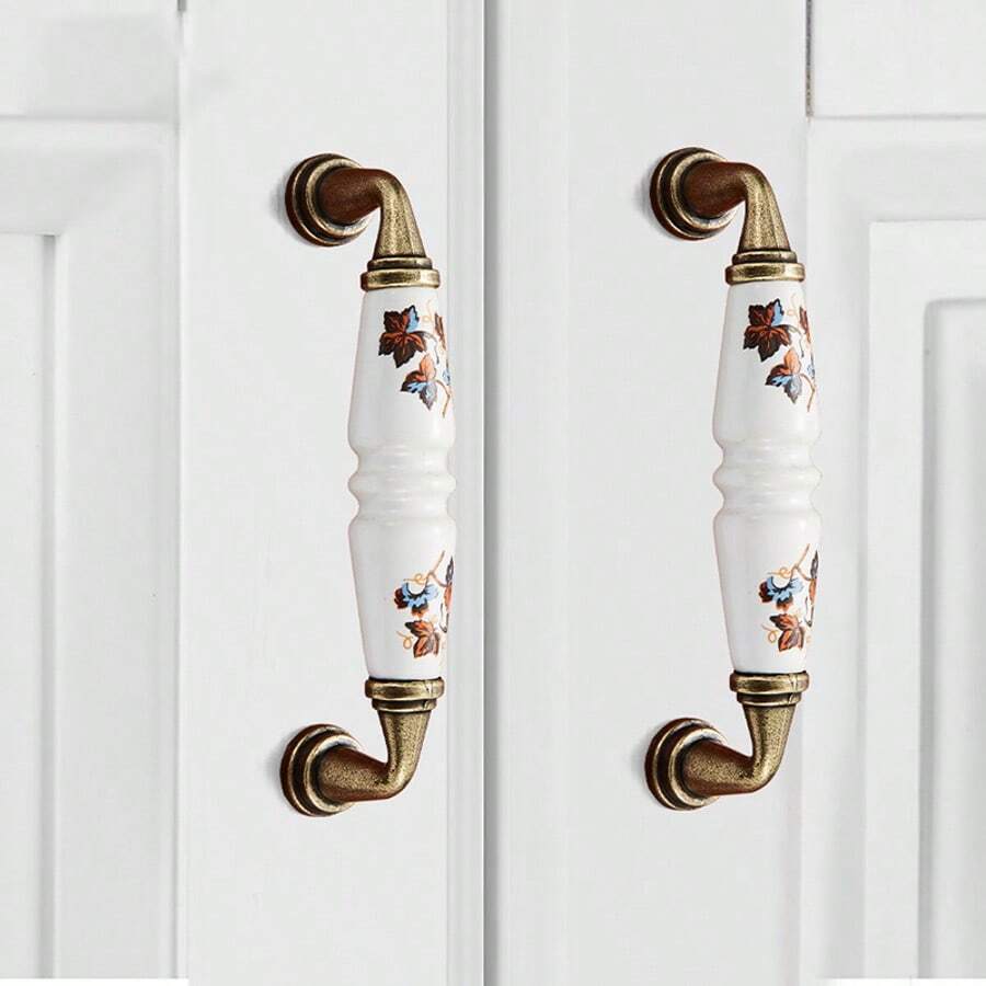 4/6pcs Rustic Ceramic Cabinet Handle With Green And Brown Floral Pattern-Antique Bronze Finish, Country Style Cabinet Door And Drawer Furniture Knob