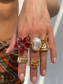 6 Stücke/Set Flüssige Lava Blumen Offener Ring Set, Barock Kunstperle Eingelegt (Für den täglichen Gebrauch von Frauen)