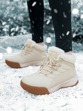 Botas de nieve para el tobillo de moda para mujeres, botas de senderismo antideslizantes con cordones para deportes al aire libre, zapatos para caminar con forro térmico cálido, botas cortas beige para invierno
