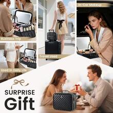 Makeup Bag With LED Lighted Mirror 12.2 IN Travel Double Layer Makeup Case Adjustable Brightness In 3 Colors Cosmetic Organizer Artist Storage With Dividers Brush Holder Vanity Black Checkerboard - BlackCheckerboard - Xem 8