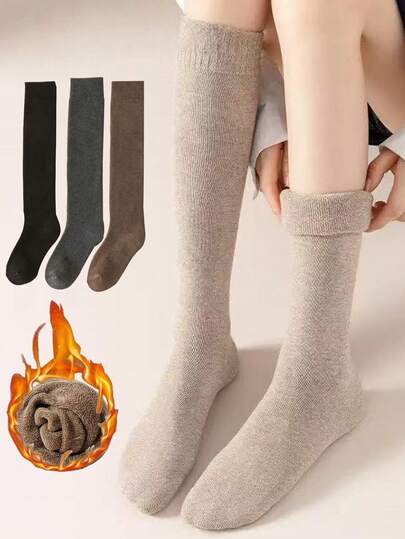 1/2/3/4 pares de medias altas de mujer de unicolor, forradas térmicas, versátiles para el estilo JK, artículo de moda imprescindible para otoño/invierno, calcetines acogedores